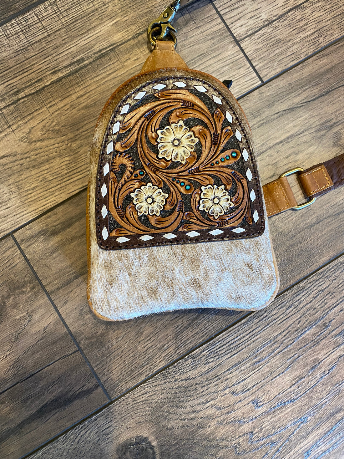 Hide &amp; Tooled Sling Bag