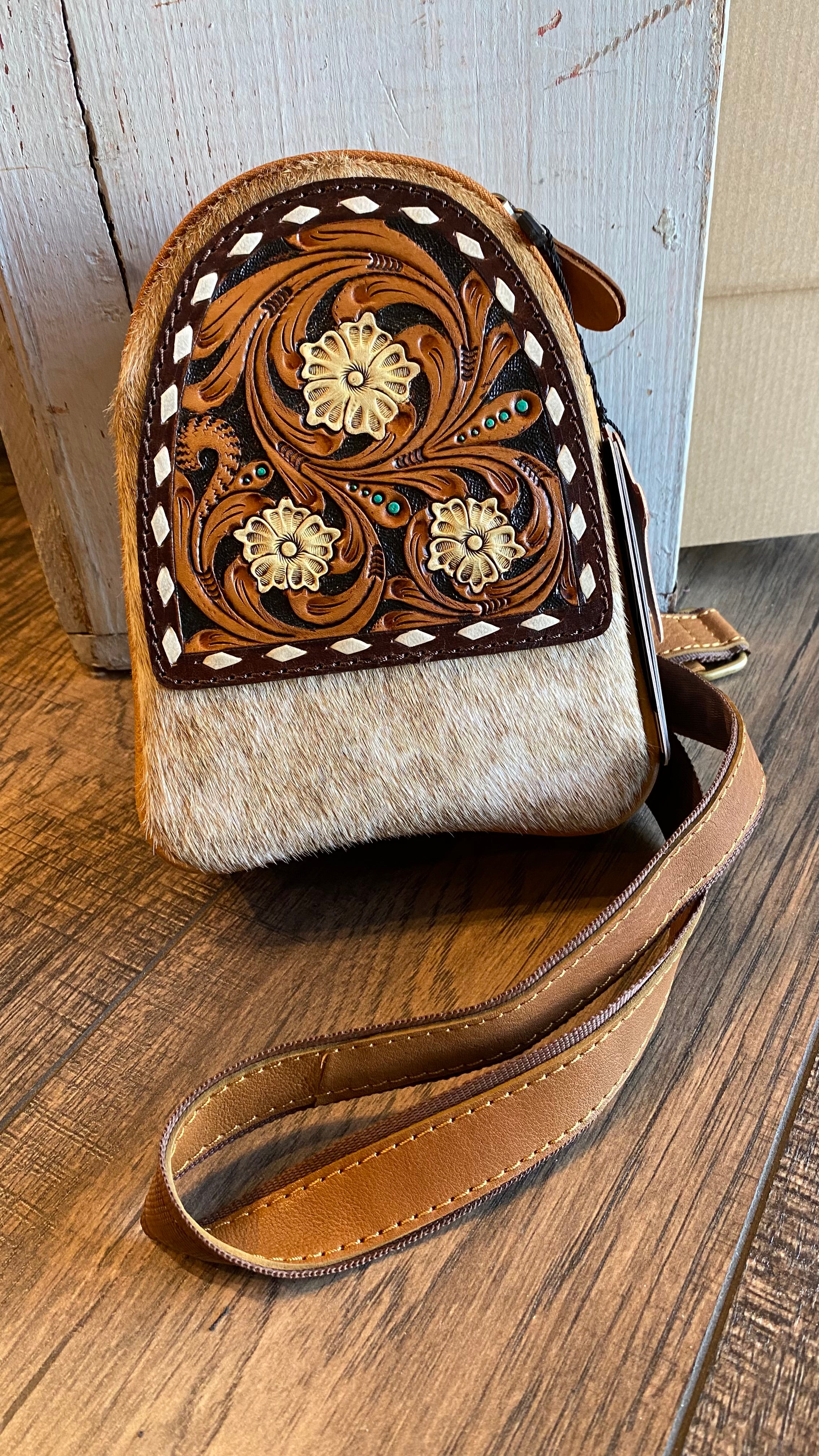 Hide &amp; Tooled Sling Bag