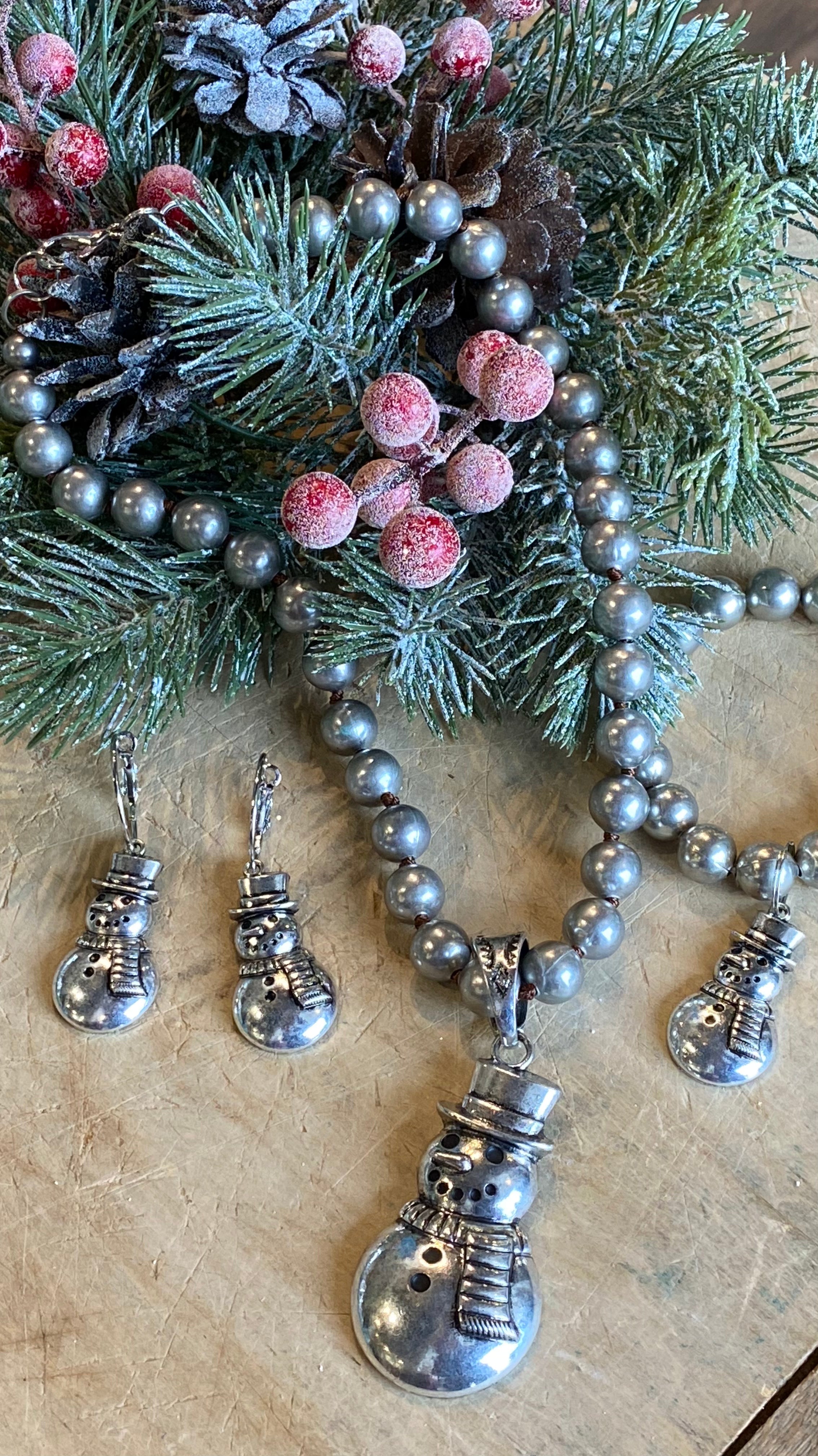 Silver Snowman on Navajo Pearls