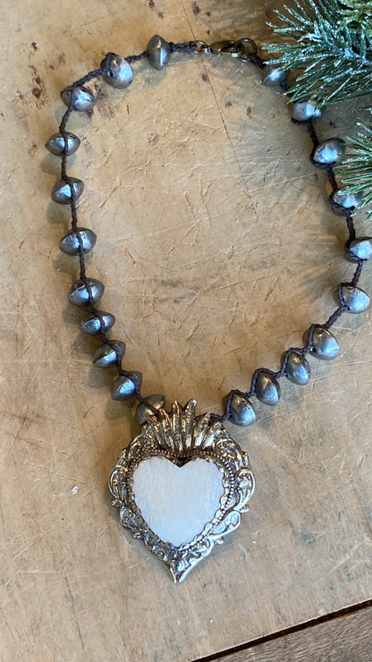 Bone Heart on Saucer Bead Necklace