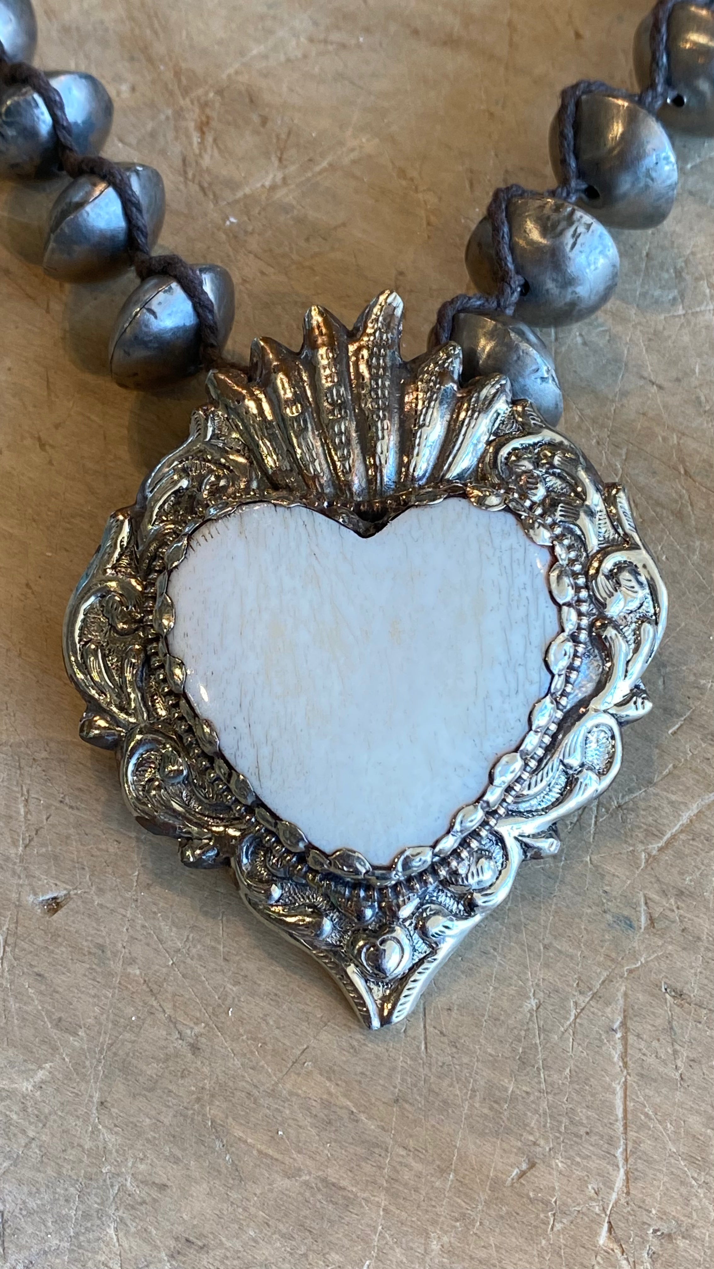 Bone Heart on Saucer Bead Necklace