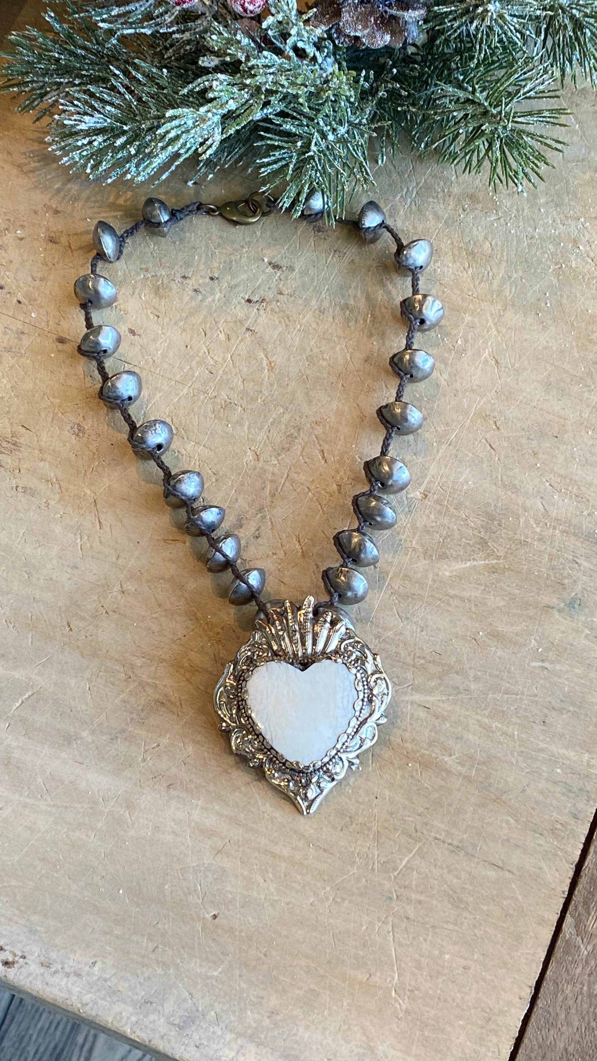 Bone Heart on Saucer Bead Necklace