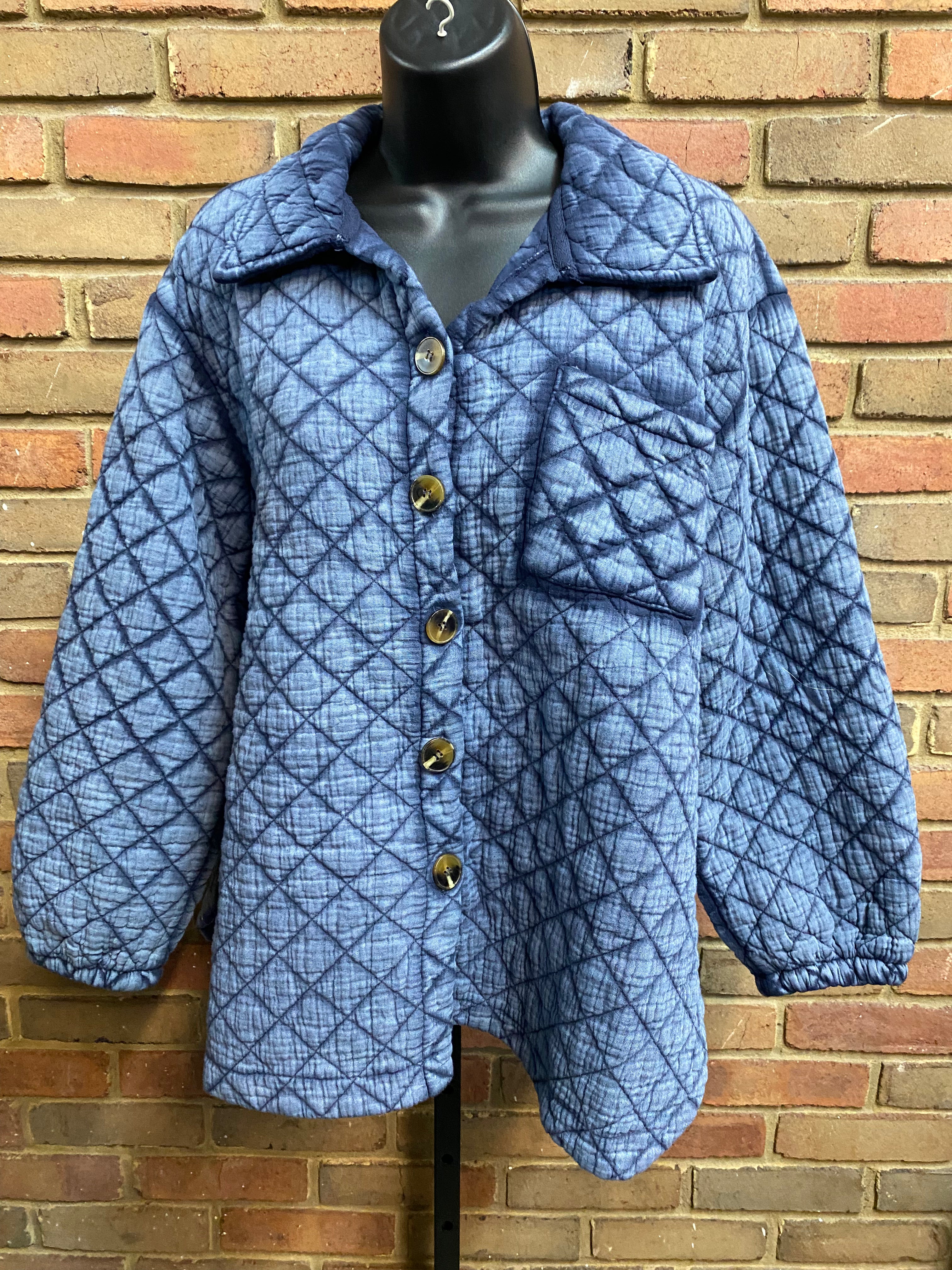 Navy Washed Quilted Button Up Jacket