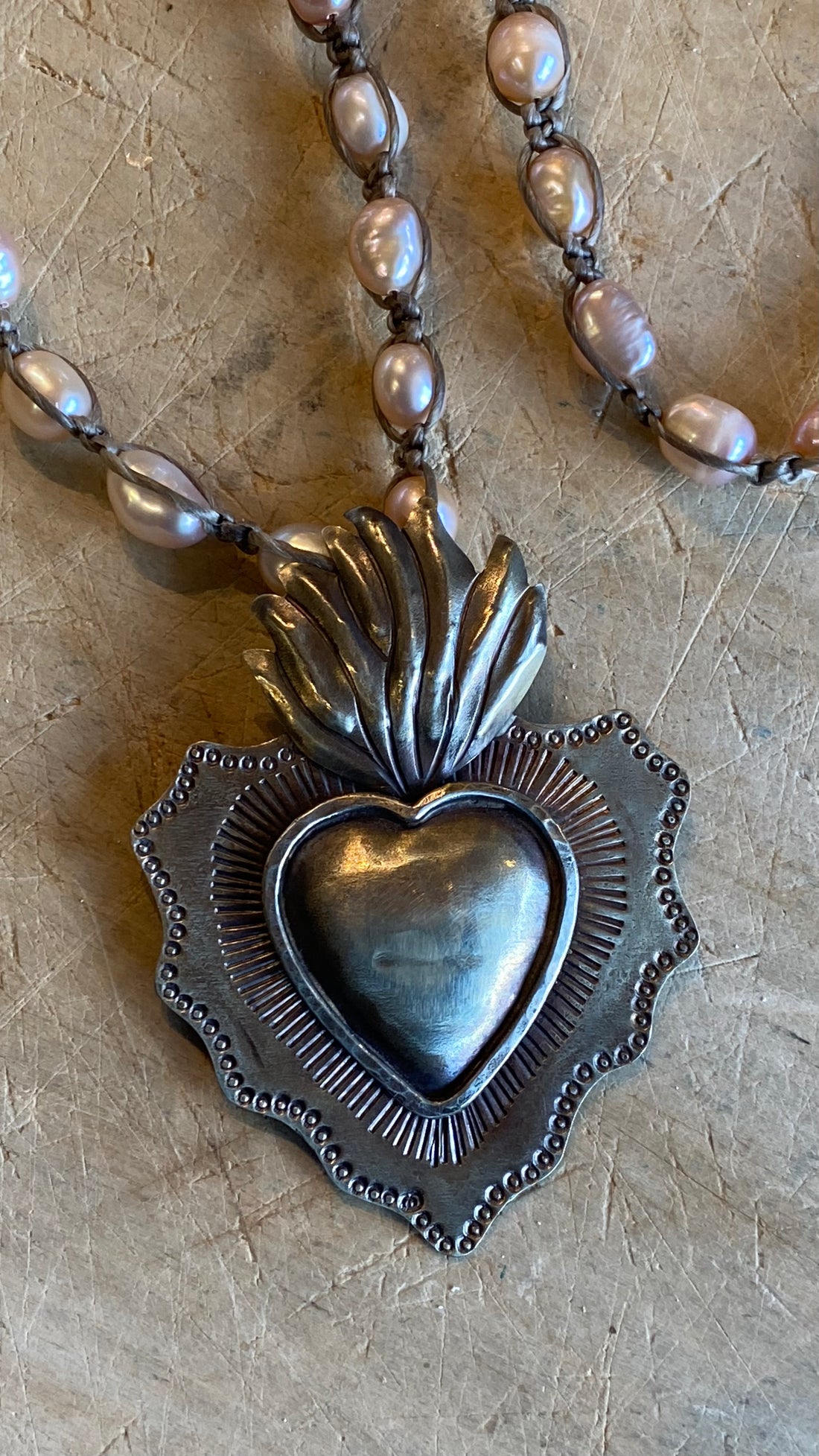 Sacred Heart on Pink Pearl Necklace