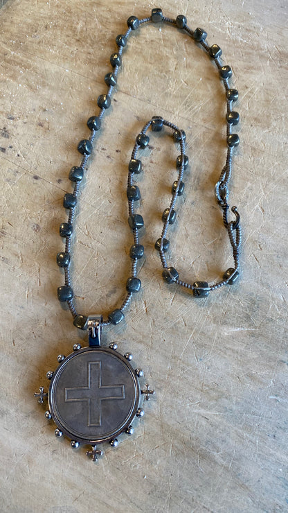 Large Cross Coin on Pyrite Necklace