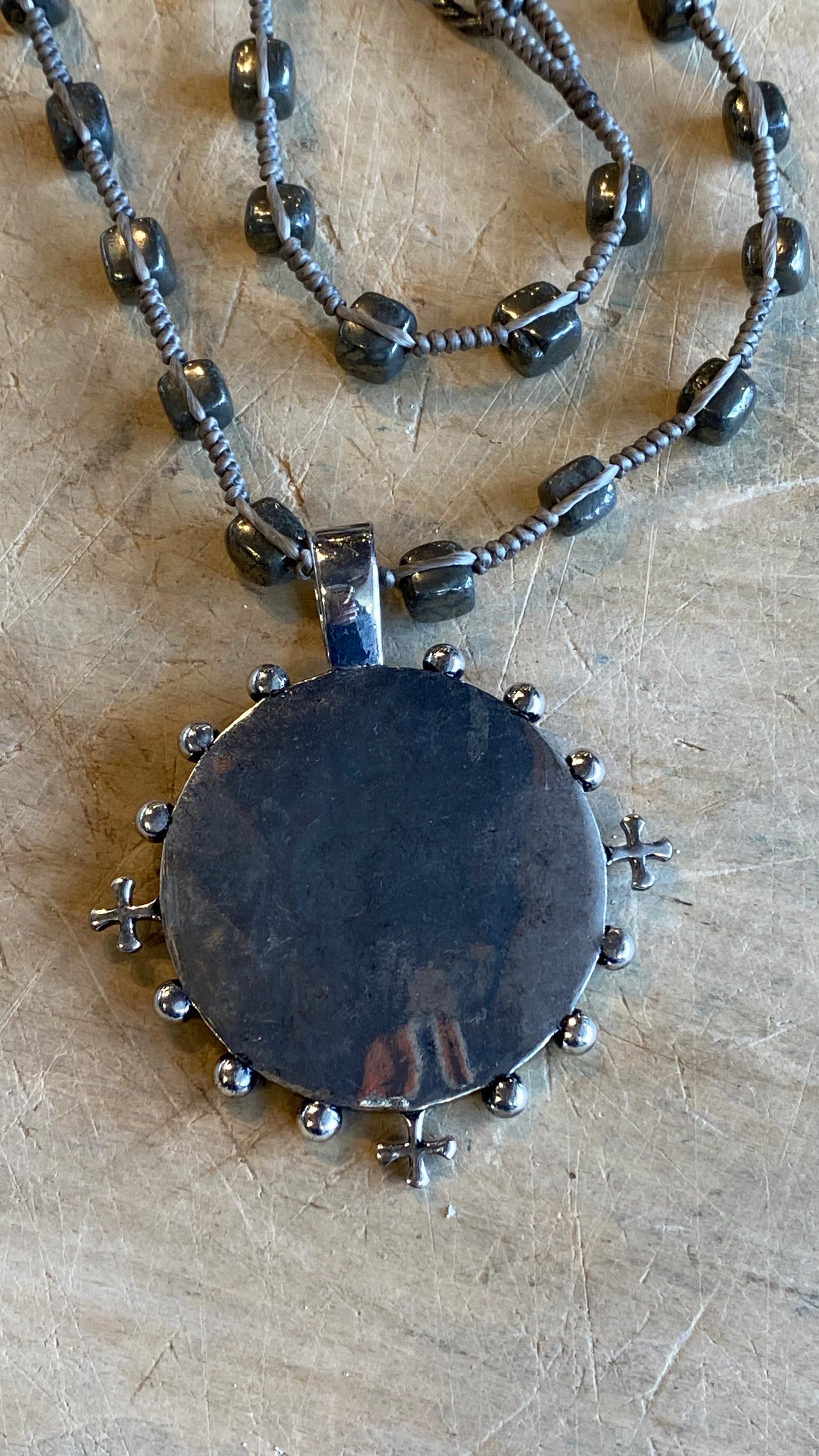 Large Cross Coin on Pyrite Necklace