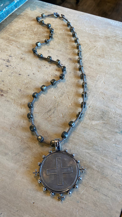 Large Cross Coin on Pyrite Necklace