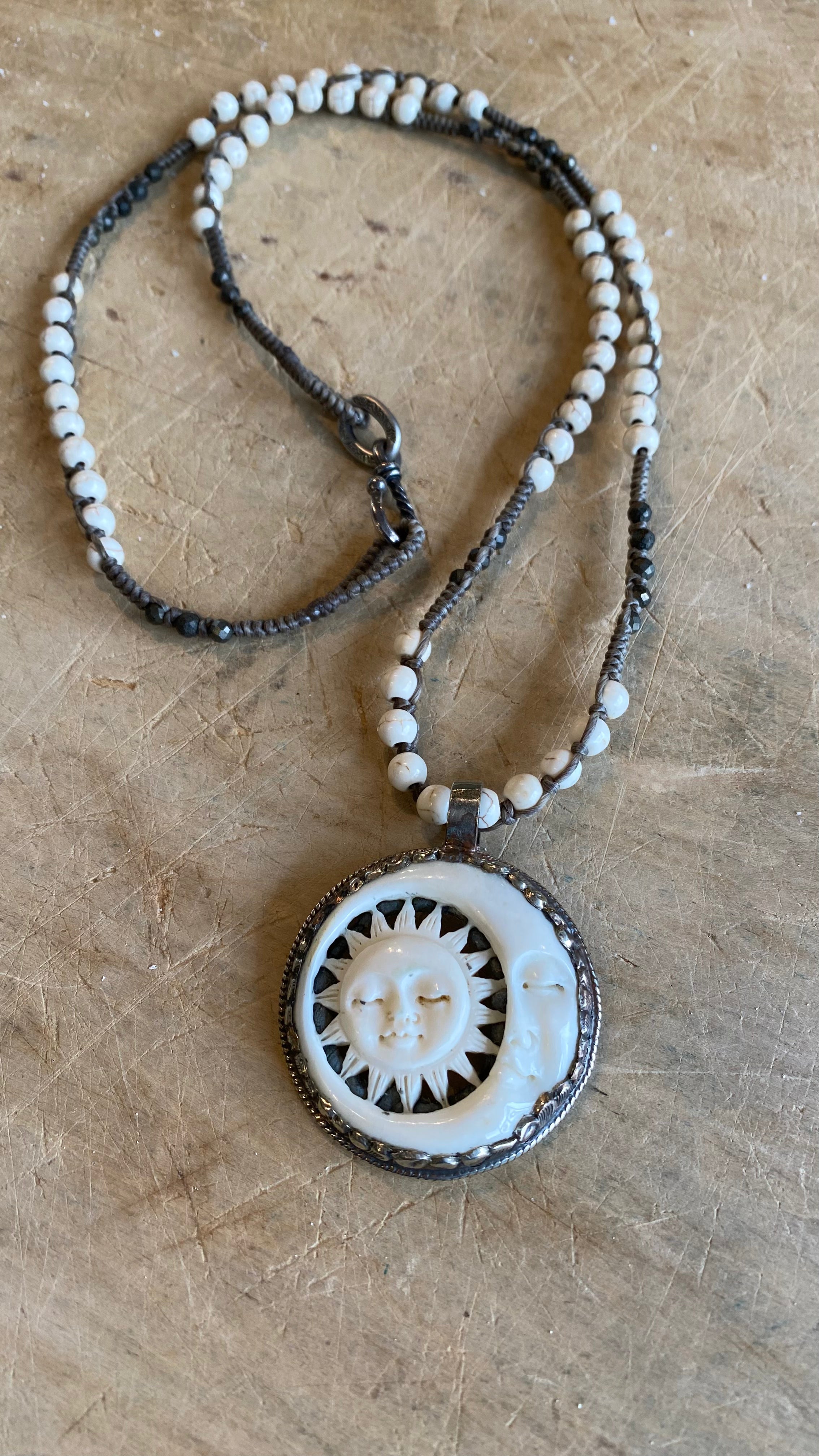 Sun &amp; Moon Carved Bone Necklace