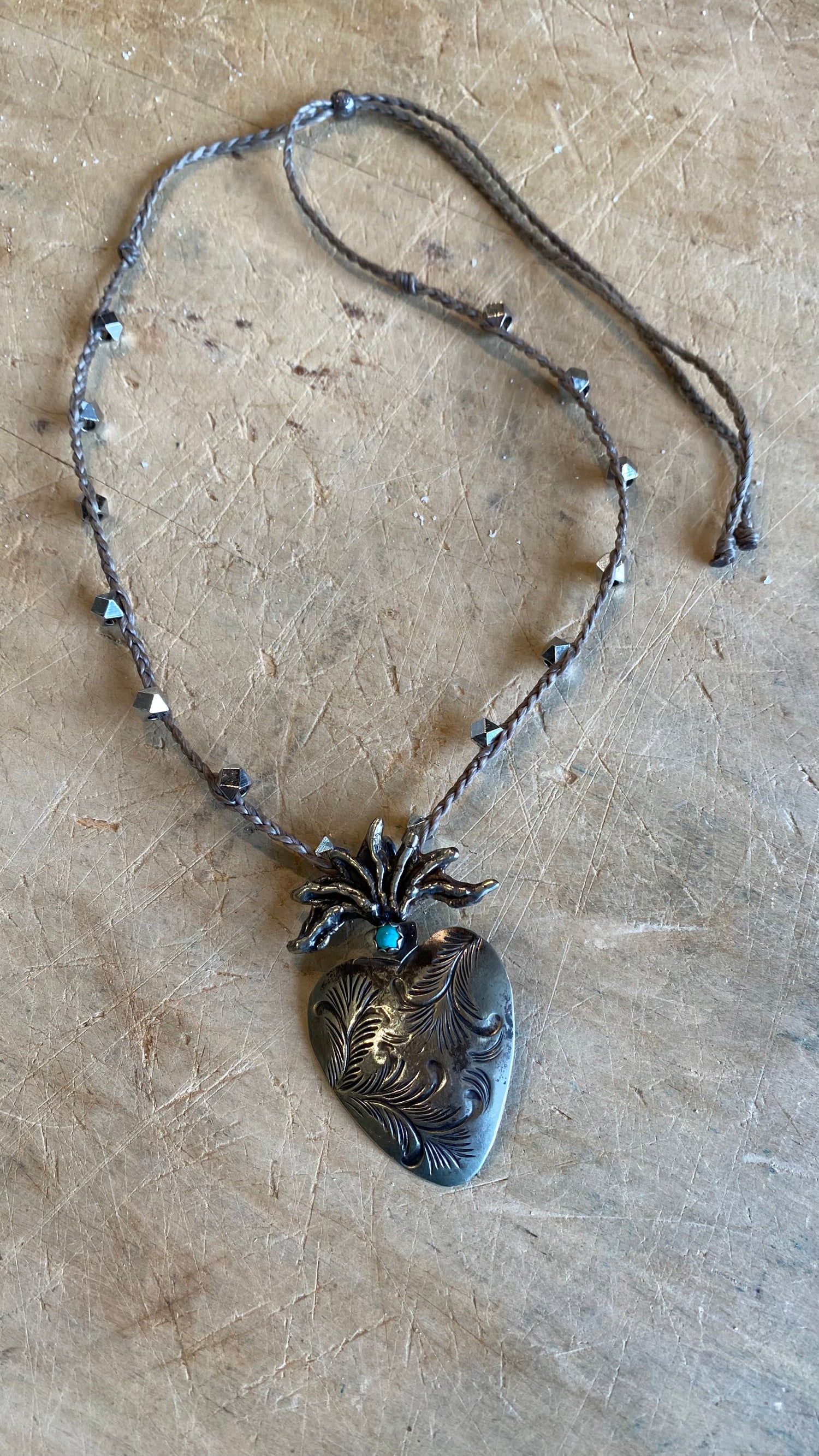 Carved Silver Heart with Turquoise Necklace