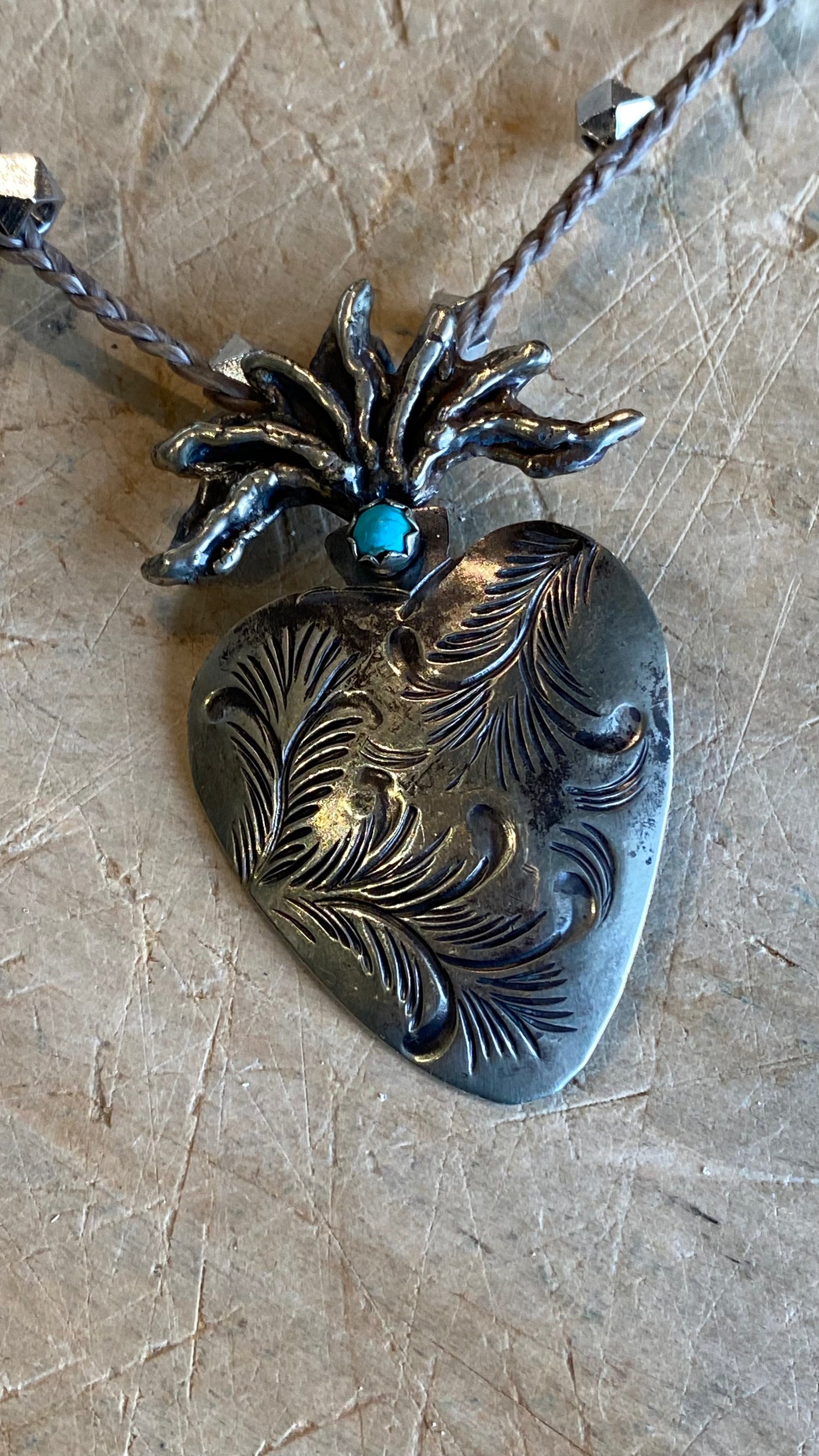 Carved Silver Heart with Turquoise Necklace