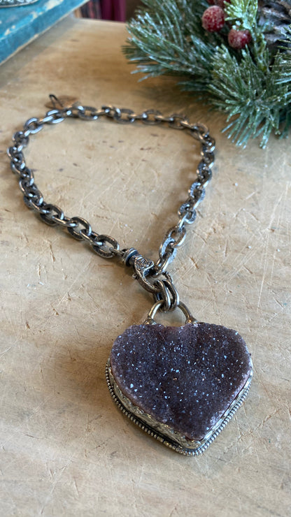 Druzy Heart Cable Chain Necklace