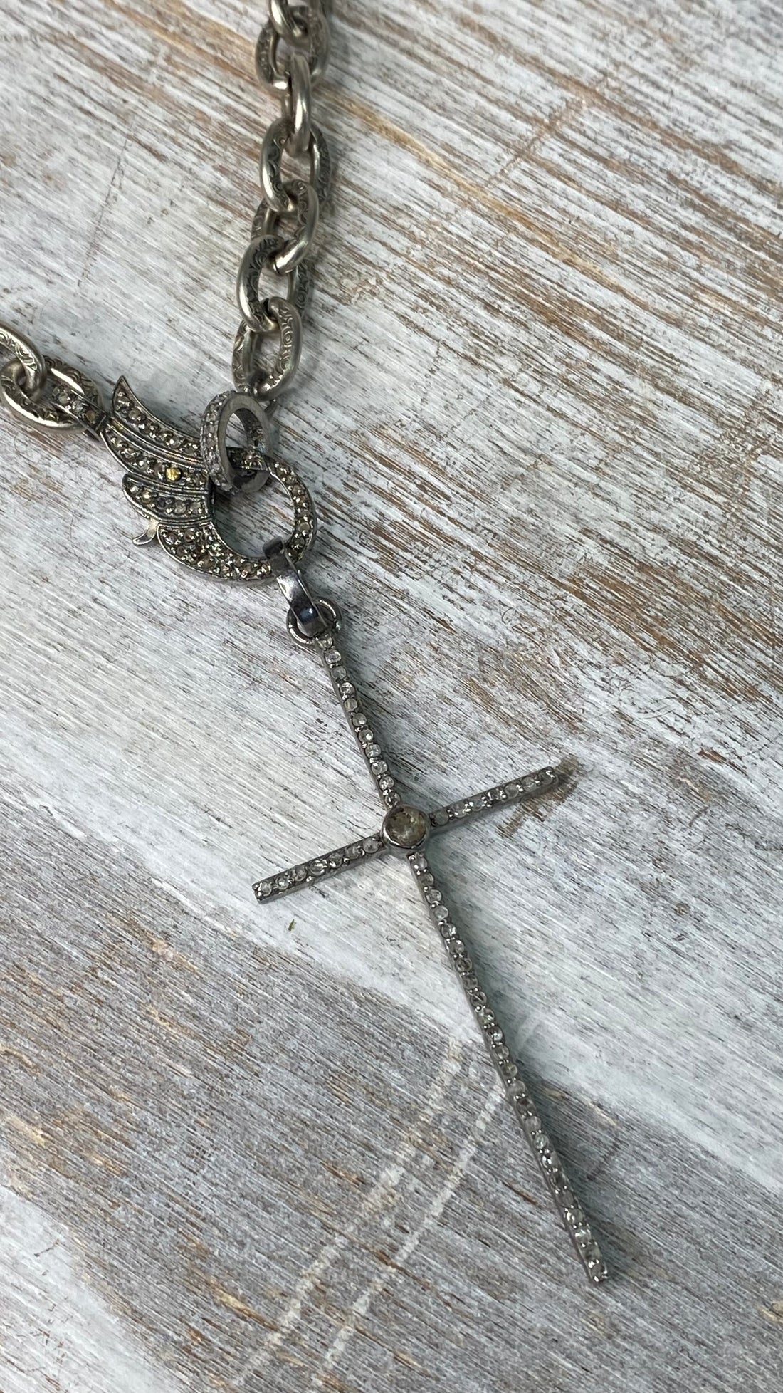 Diamond Cross with Diamond Angel Wing Clasp Necklace