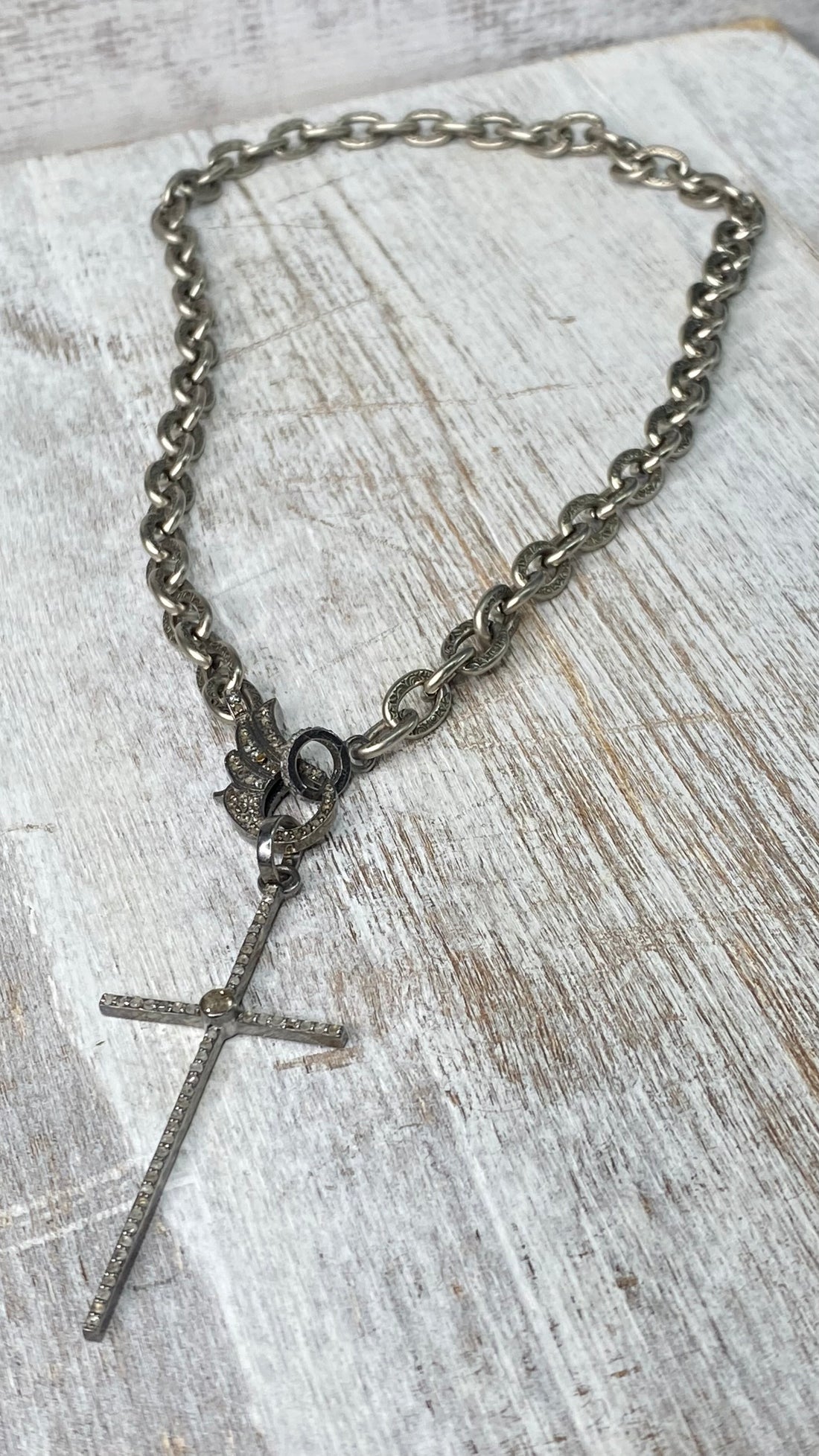 Diamond Cross with Diamond Angel Wing Clasp Necklace