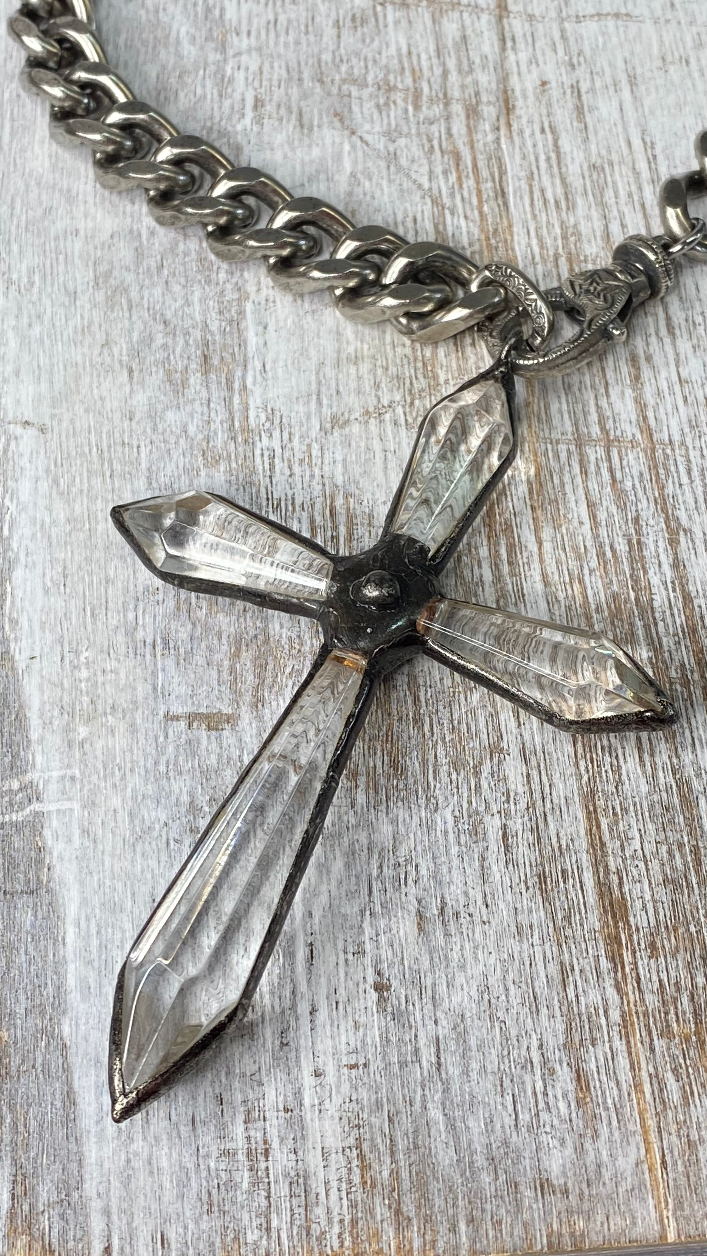 Large Crystal Cross on Curb Chain Necklace