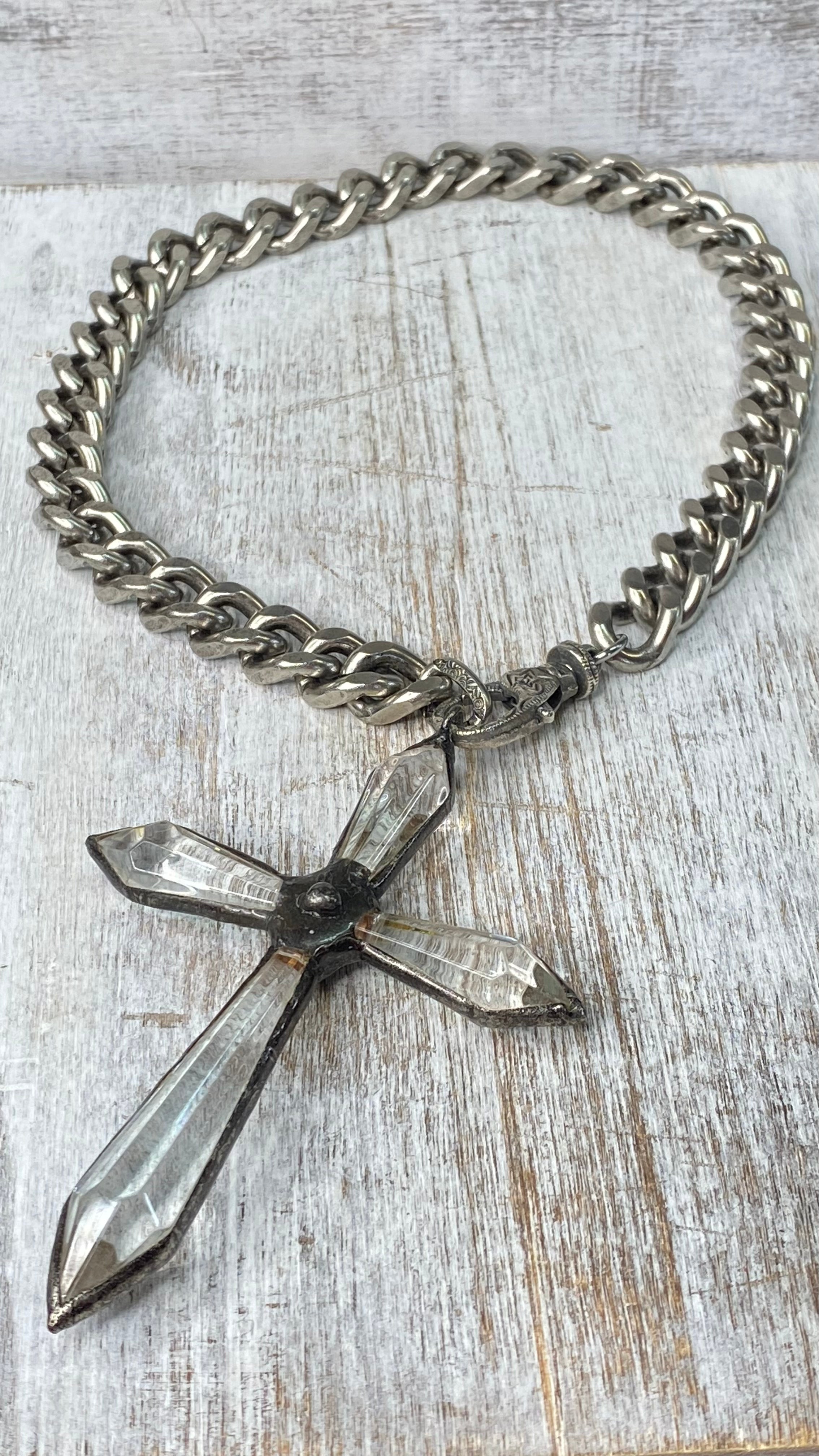 Large Crystal Cross on Curb Chain Necklace