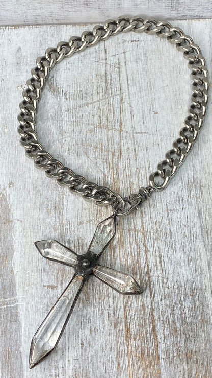 Large Crystal Cross on Curb Chain Necklace