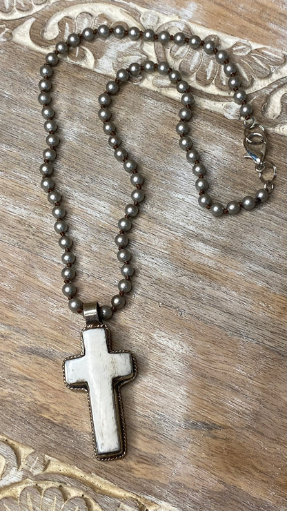 Carved Bone Cross Necklace