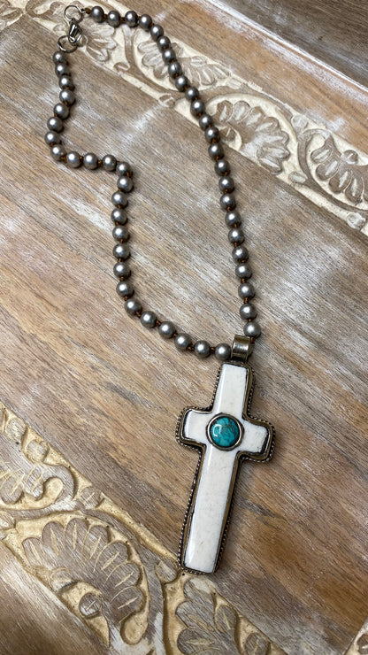 Carved Bone with Turquoise Cross Necklace