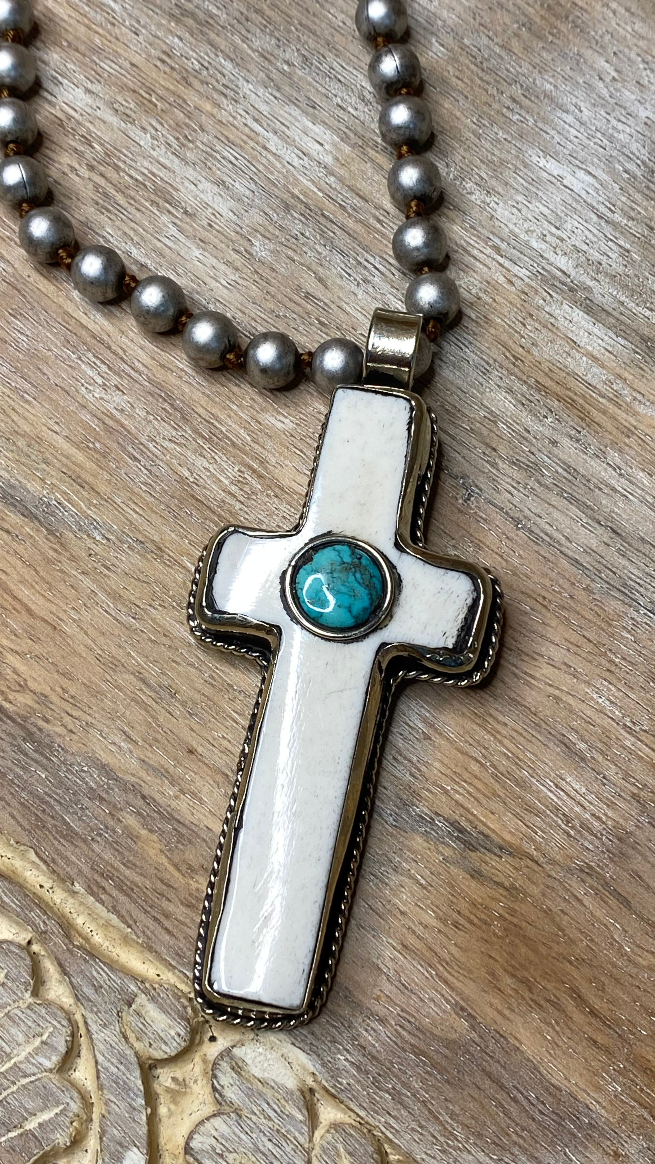 Carved Bone with Turquoise Cross Necklace