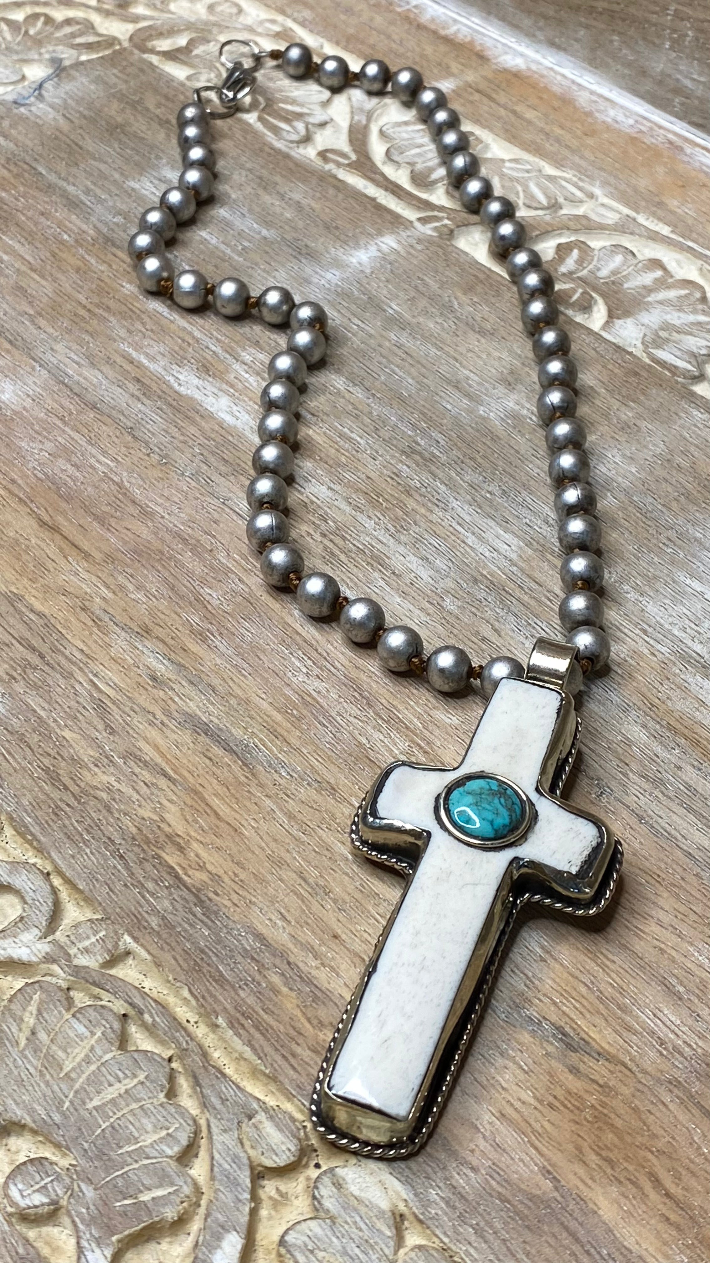 Carved Bone with Turquoise Cross Necklace