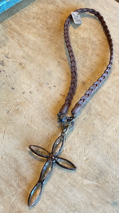 Cross on Braided Leather Necklace