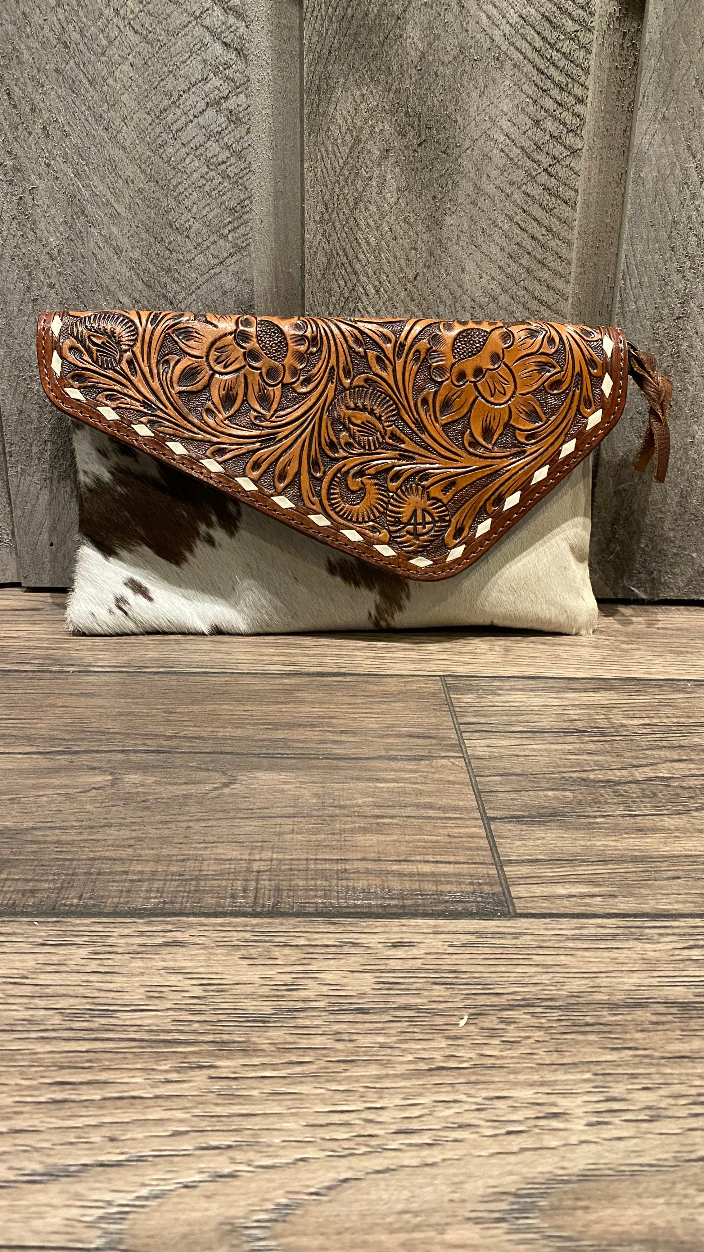 Hide Tooled Leather Crossbody Clutch Bag