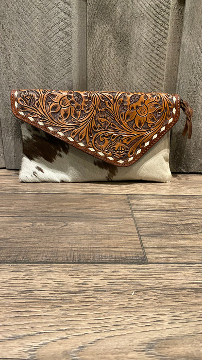 Hide Tooled Leather Crossbody Clutch Bag