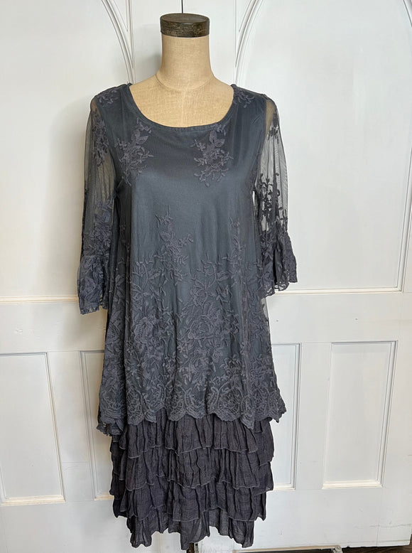 Grey Lace Dress with Ruffles