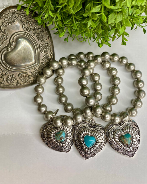 Silver Heart with Turquoise Drop Stretch Bracelet