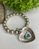 Silver Heart with Turquoise Drop Stretch Bracelet