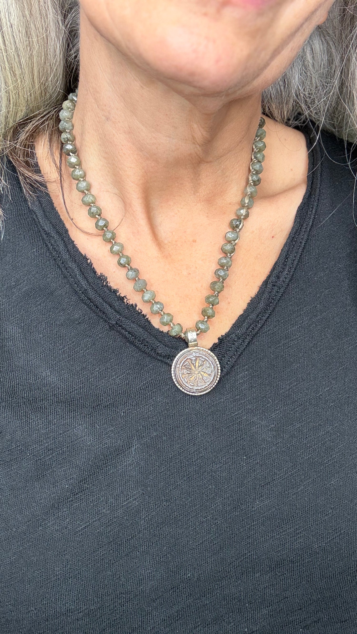 Labradorite Strand Small Tibetan Wheel Necklace