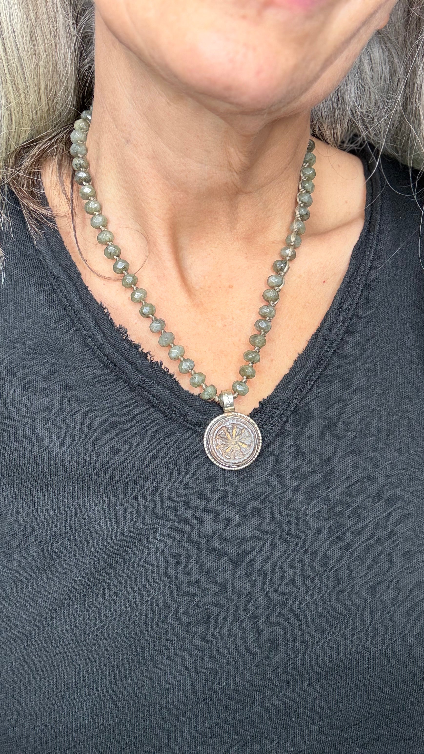 Labradorite Strand Small Tibetan Wheel Necklace