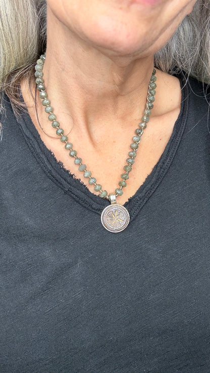 Labradorite Strand Small Tibetan Wheel Necklace