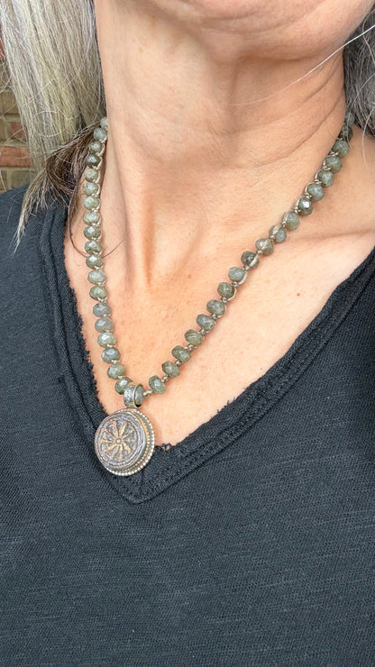 Labradorite Strand Small Tibetan Wheel Necklace