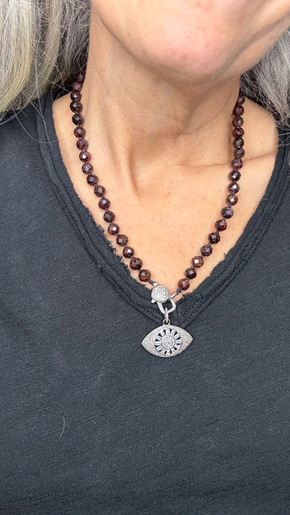 Pave Diamond Eye on Garnet Beaded Charm Holder