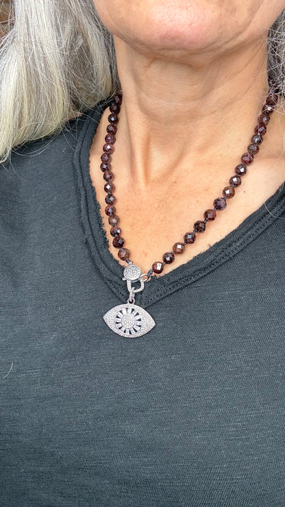 Pave Diamond Eye on Garnet Beaded Charm Holder