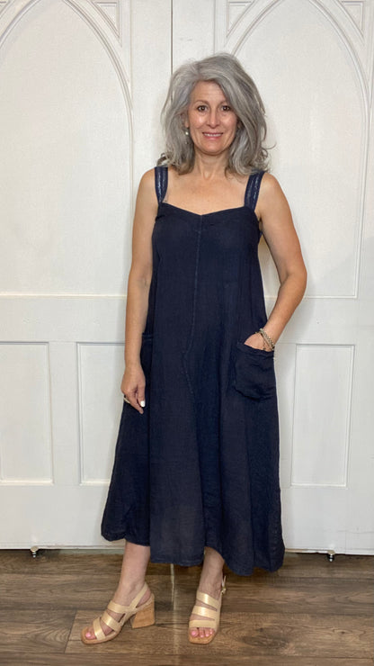 Linen Overall Dress Navy
