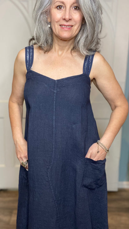 Linen Overall Dress Navy