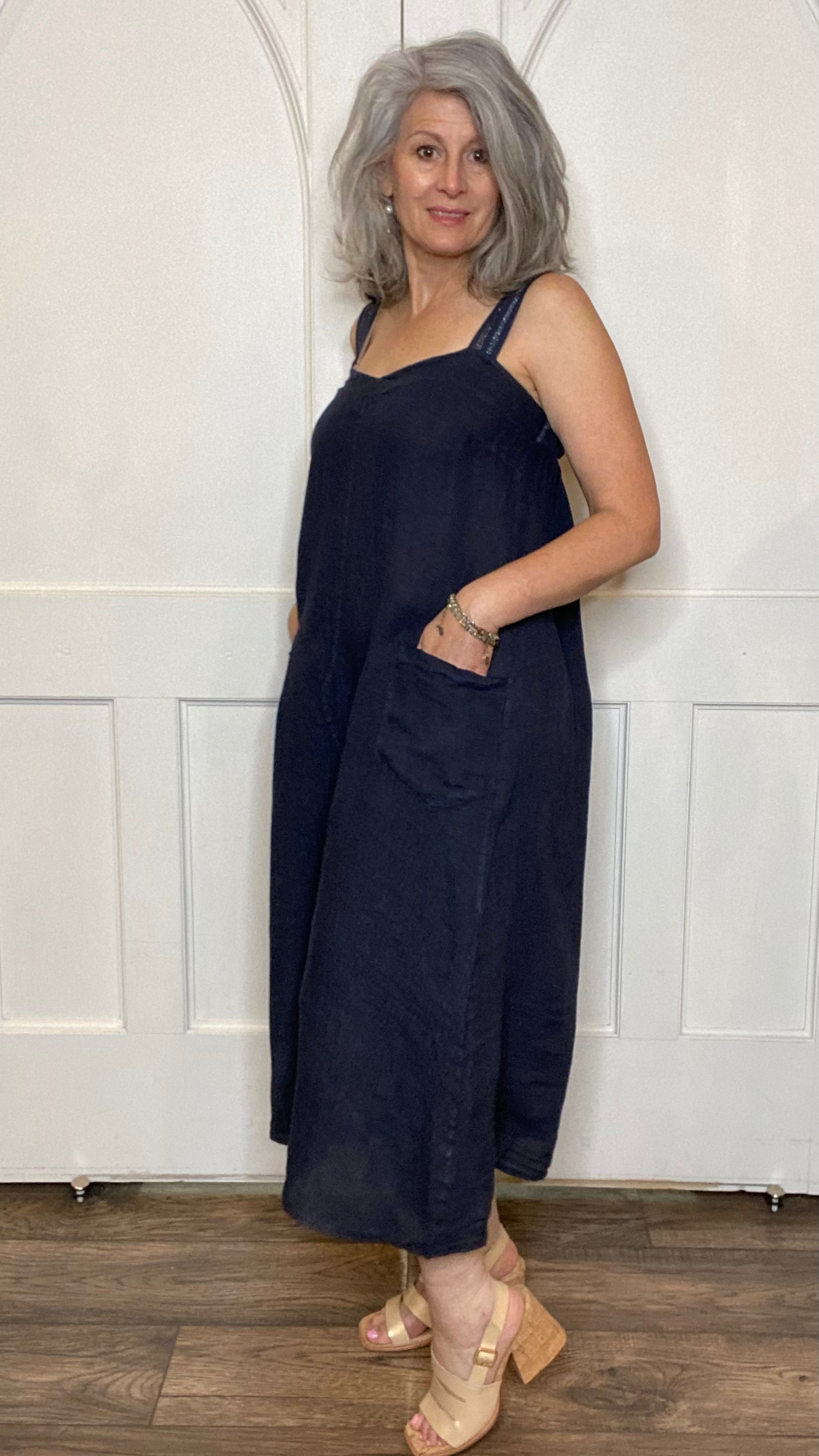 Linen Overall Dress Navy