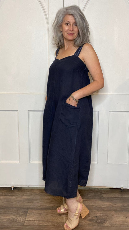 Linen Overall Dress Navy