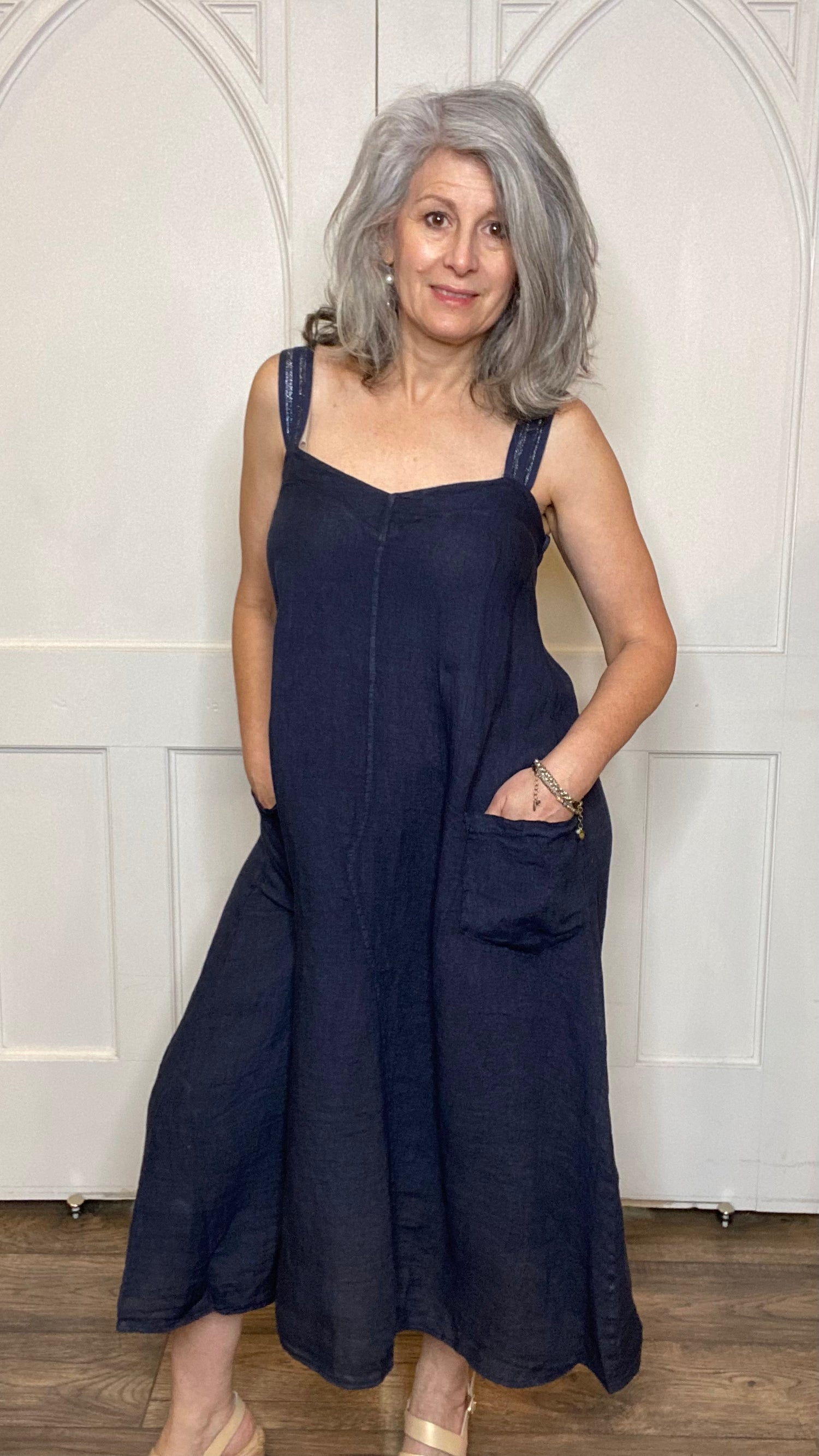 Linen Overall Dress Navy