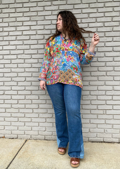 Silk Floral Print Henley Shirt  