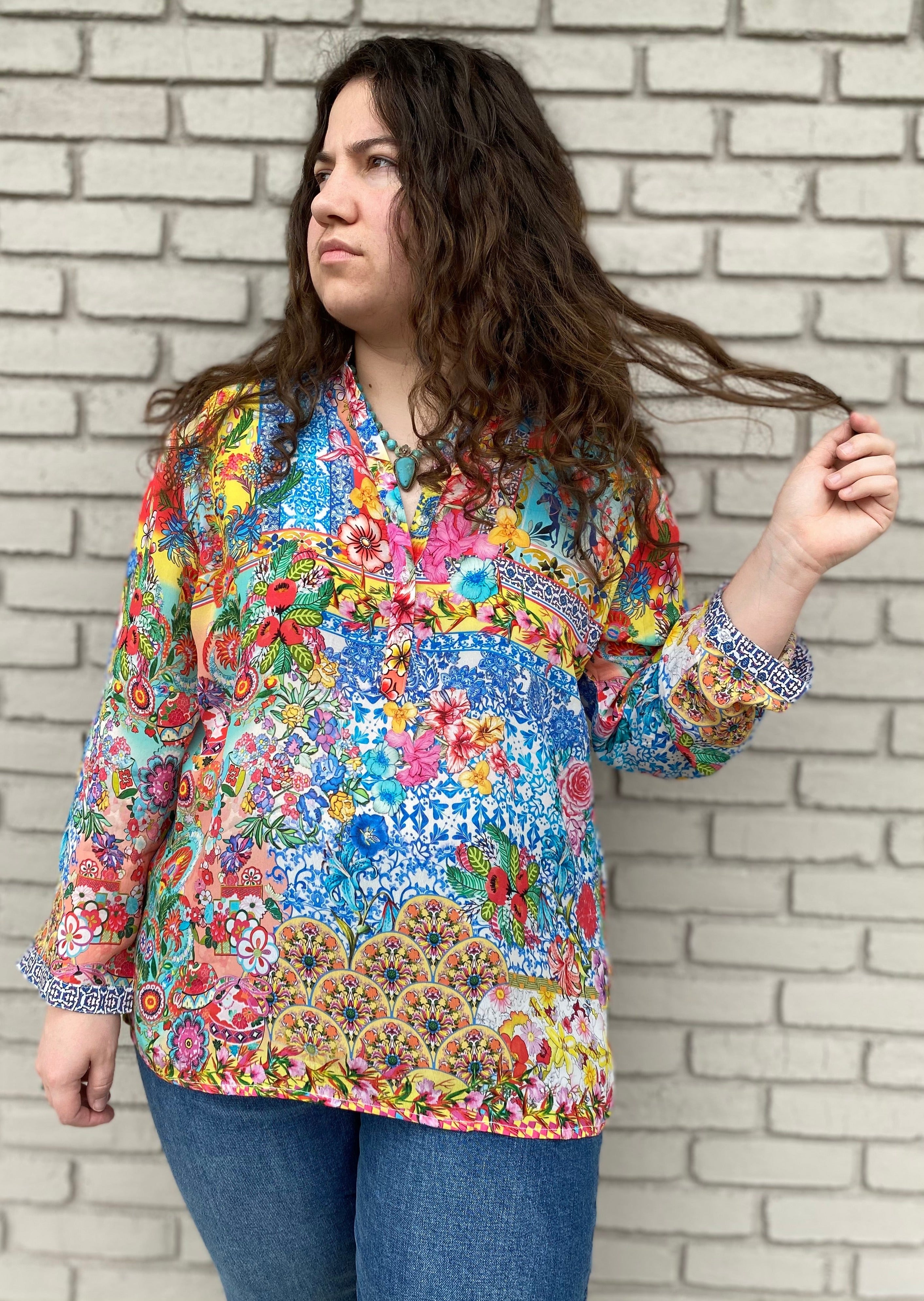 Silk Floral Print Henley Shirt  