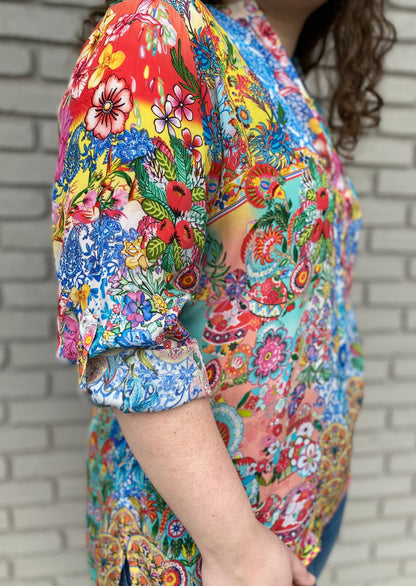 Silk Floral Print Henley Shirt  