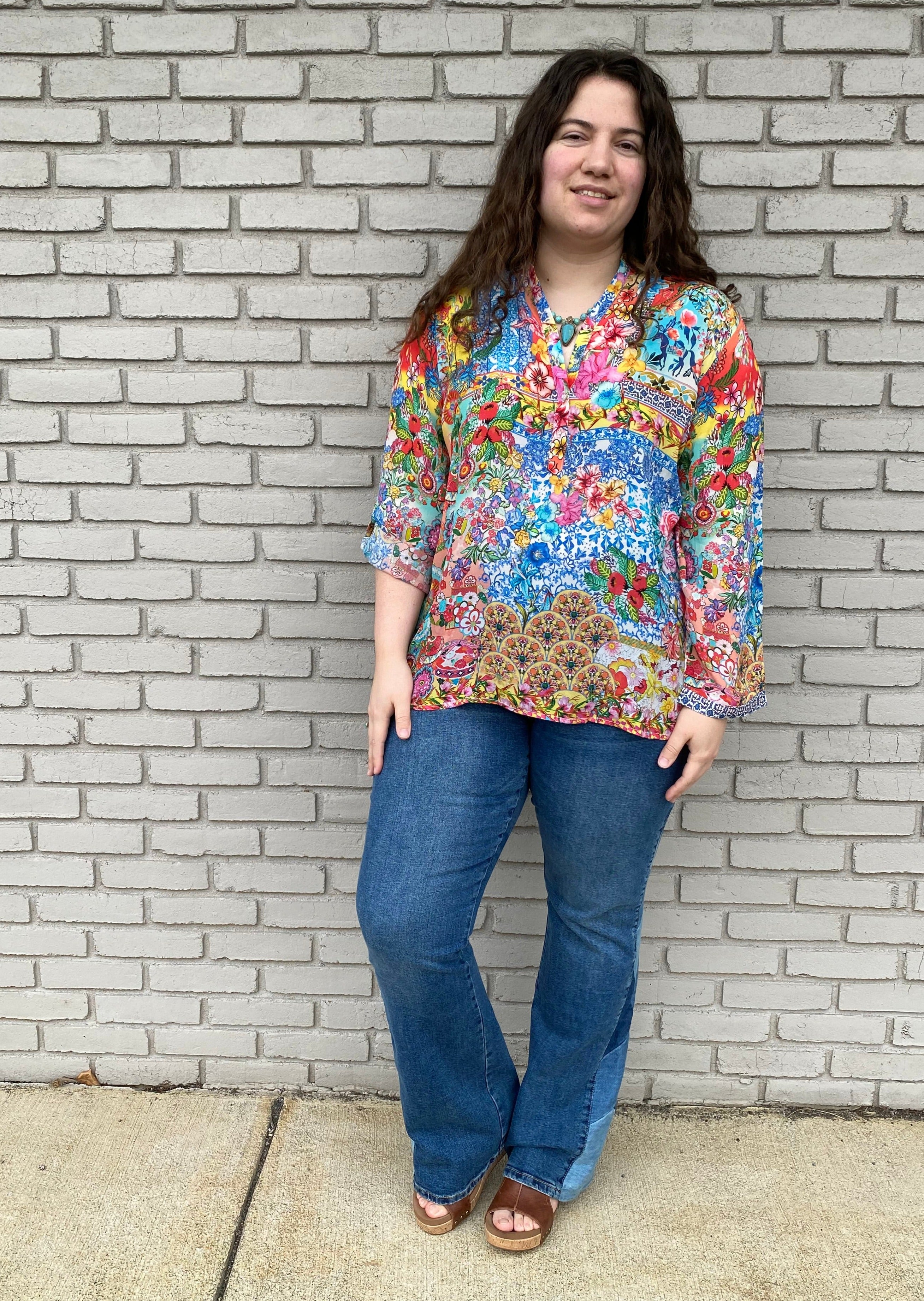 Silk Floral Print Henley Shirt  