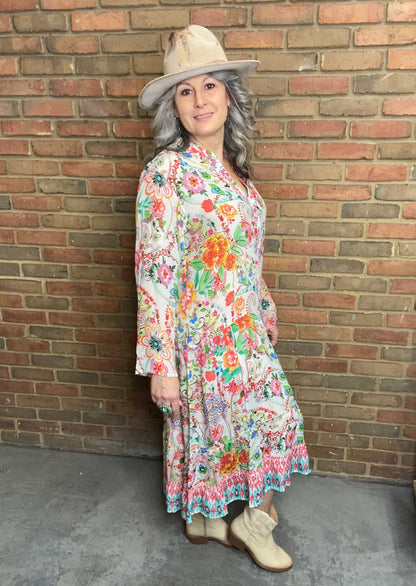 Silk Floral Long Sleeve Dress 