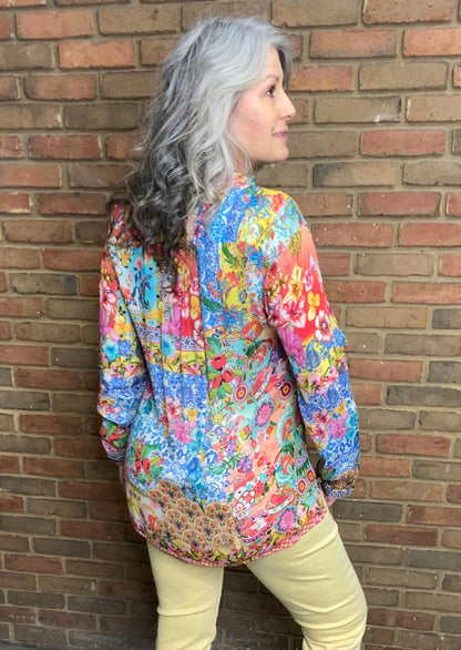 Silk Floral Print Henley Shirt  