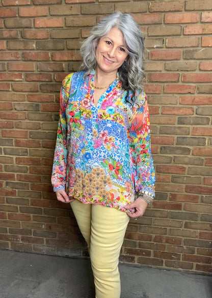 Silk Floral Print Henley Shirt  