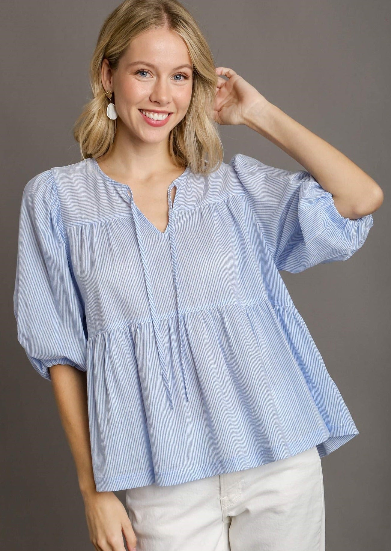 Blue Stripe Split Neck Baby Doll Top 