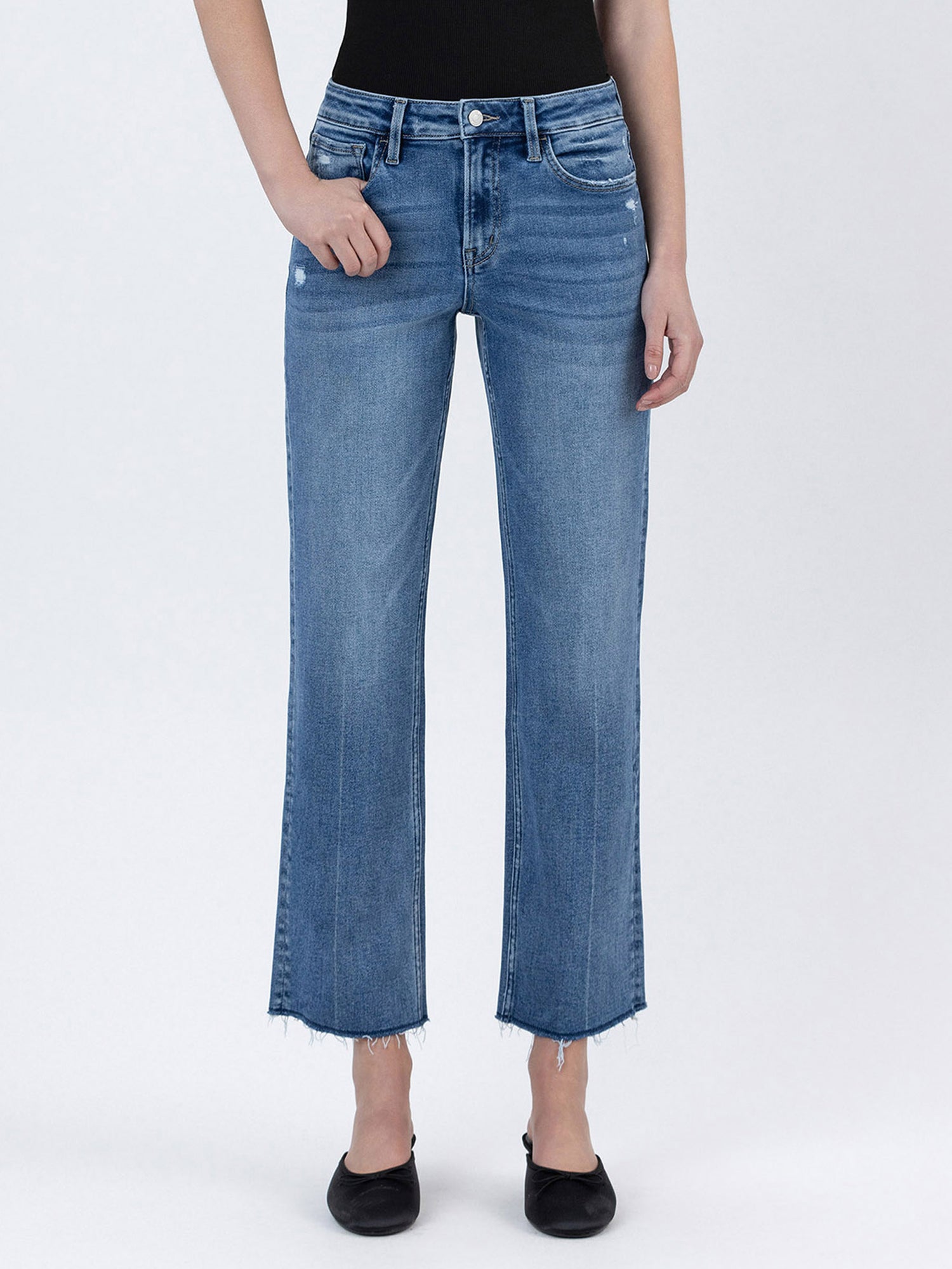 High Rise Raw Hem Ankle Straight Jeans